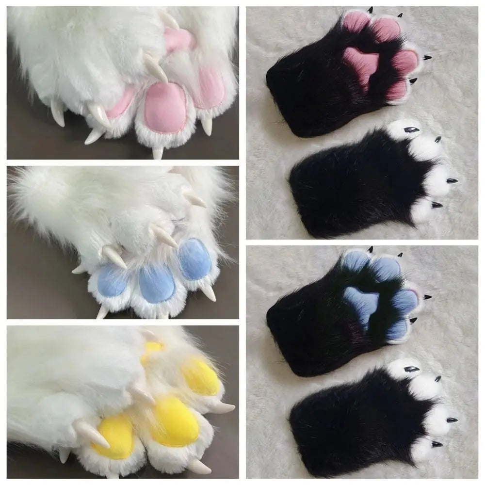 White Fluffy Clawed Paw Gloves with Blue Pads - Image 6