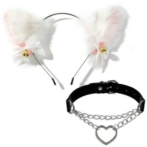 White Fluffy Cat Ears Headband with Heart Choker Set