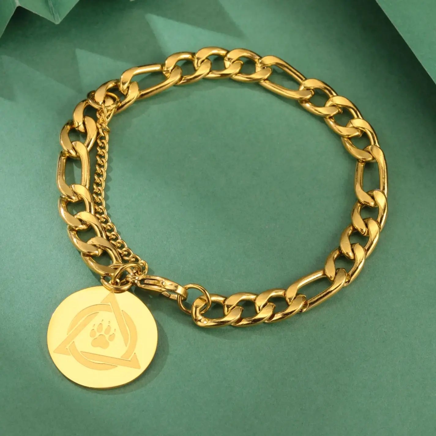 Layered Gold Figaro Chain Bracelet with Paw Print - Image 5