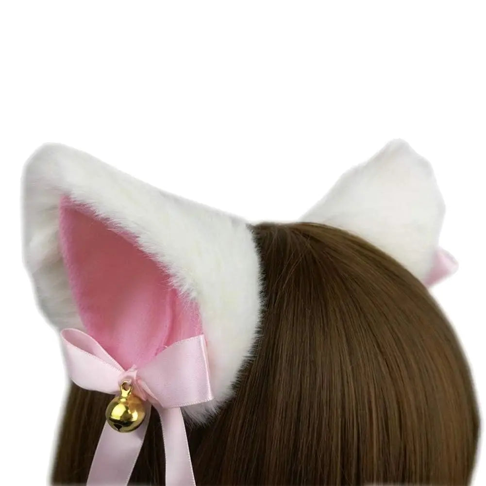 Fluffy Pink and White Cat Ears Hair Clips with Bells - Image 2