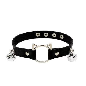 Black Faux Leather Cat Ears Choker with Bells