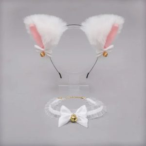 White Faux Fur Cat Ears Headband with Bells & Choker