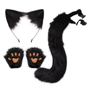 Black Faux Fur Cat Costume Kit with Ears, Tail, Paws