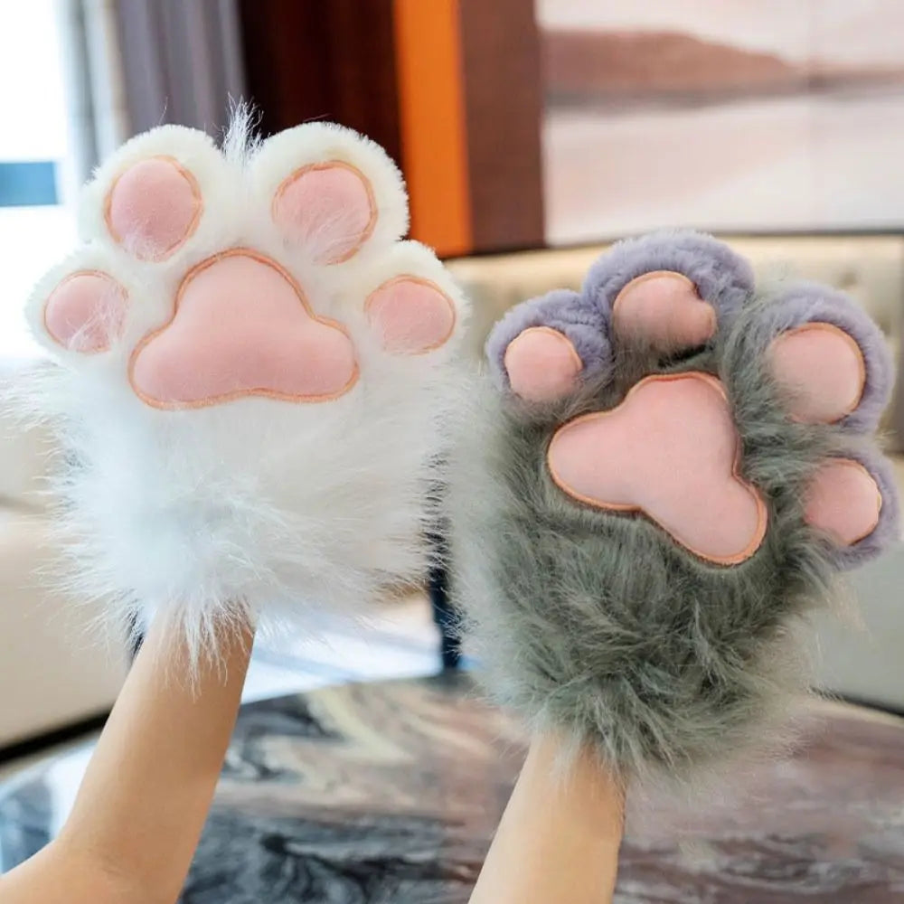 Plush Grey Faux Fur Cat Paw Mittens - Image 2