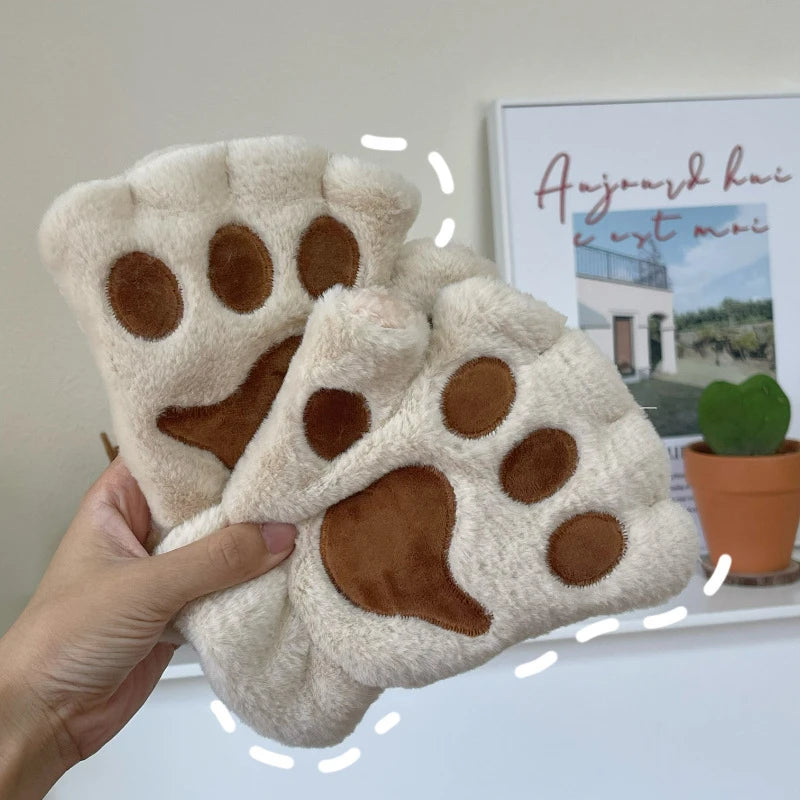 Fluffy Brown Bear Paw Fingerless Gloves - Image 3