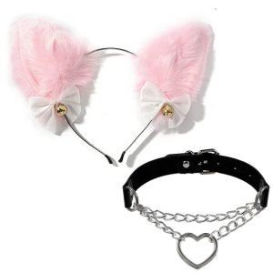 Pink Fluffy Cat Ears Headband with Black Heart Choker