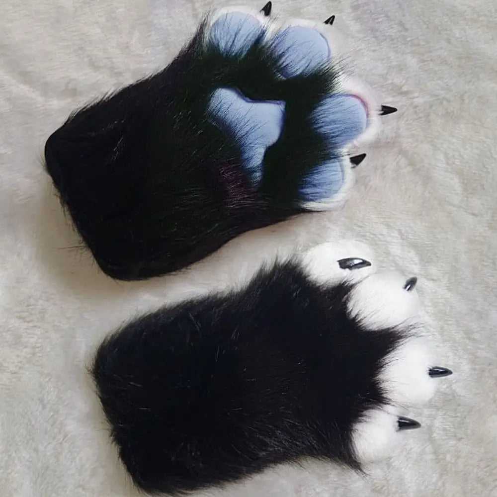 Soft White Faux Fur Paw Gloves with Yellow Pads - Image 3