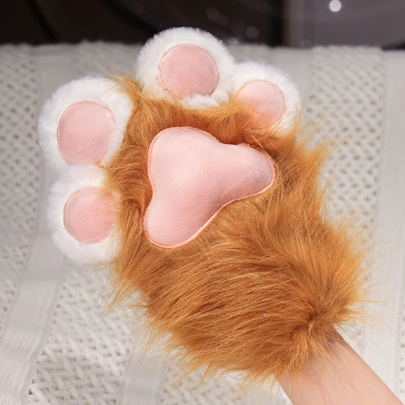 Brown Orange Faux Fur Paw Mittens with Pink Pads