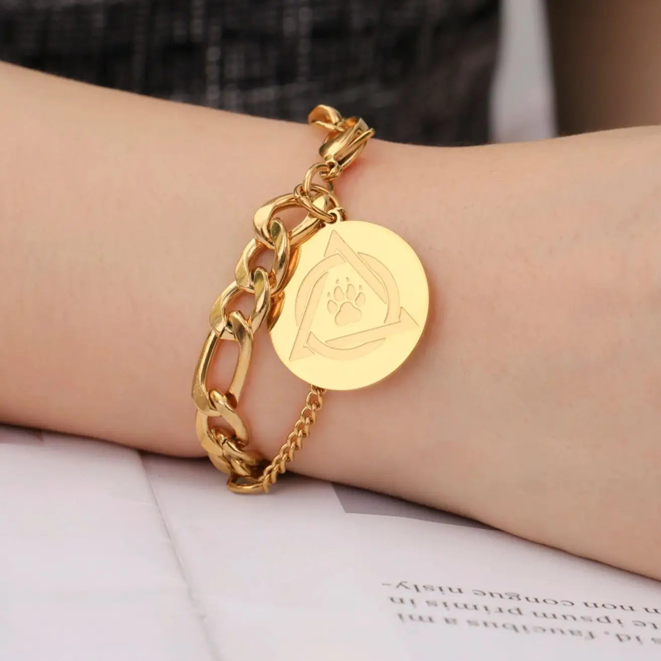 Layered Gold Figaro Chain Bracelet with Paw Print - Image 6
