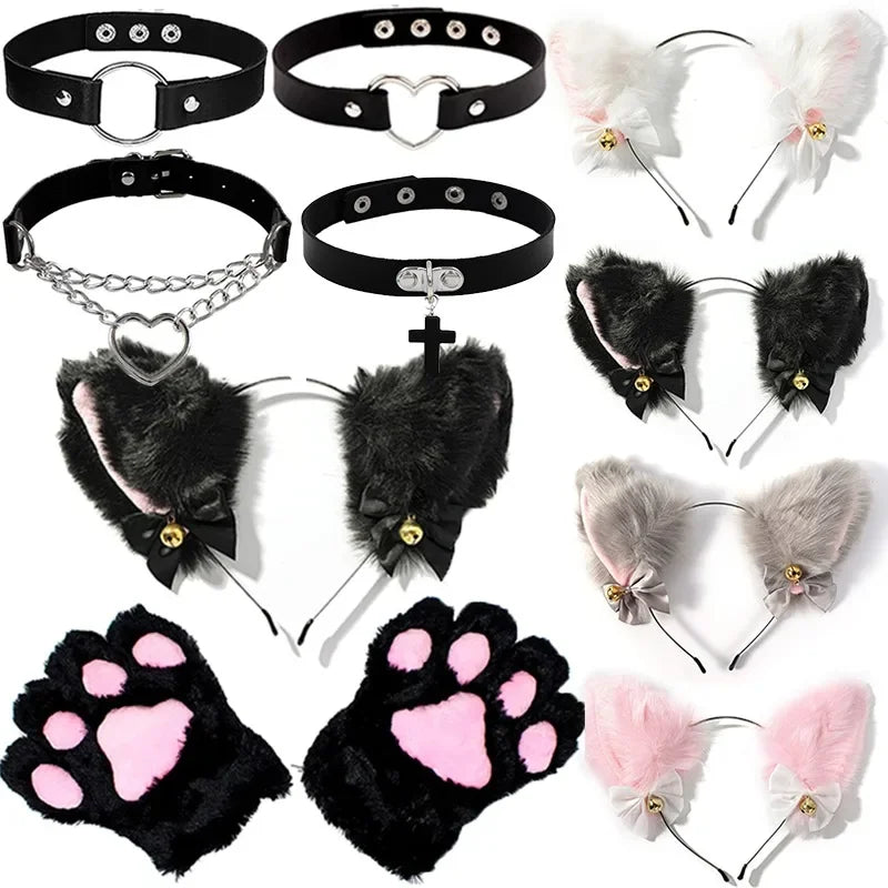 Furry Black Cat Ears Headband with Pink Paw Gloves - Image 5