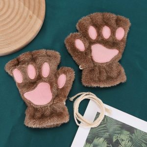 Fluffy Brown Bear Paw Fingerless Gloves