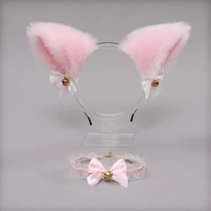 Pink Faux Fur Cat Ears Headband and Lace Choker
