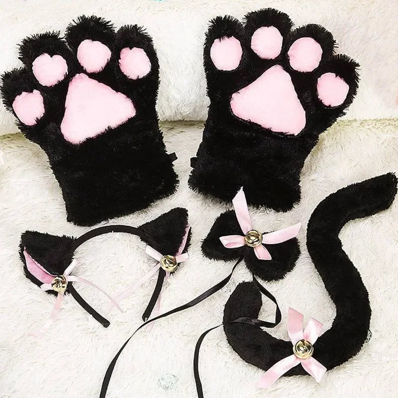 White Faux Fur Cat Ears Headband with Bells & Choker - Image 2
