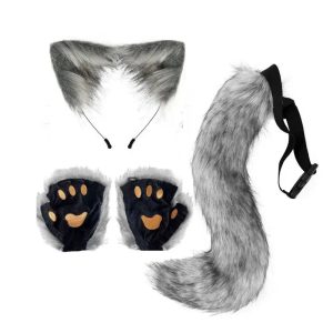 Grey Faux Fur Wolf Ears Tail Paws Set