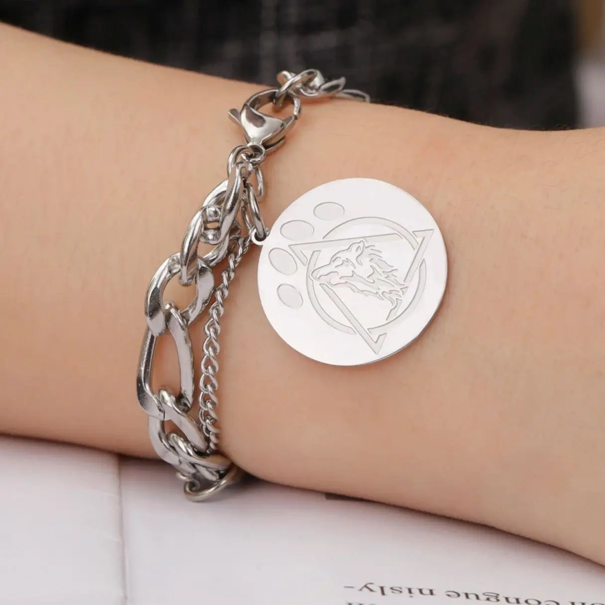 Gold-Tone Layered Figaro Bracelet with Wolf Charm - Image 4