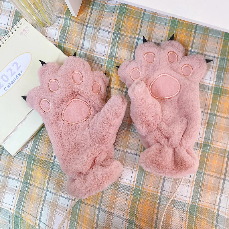 Pink Faux Fur Paw Gloves with Claws - Image 2