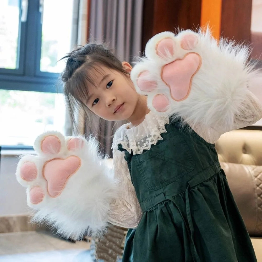 Plush Grey Faux Fur Cat Paw Mittens - Image 3