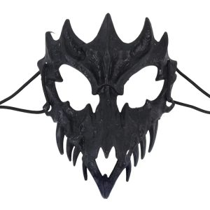 Gothic Black Dragon Mask with Horns and Fangs