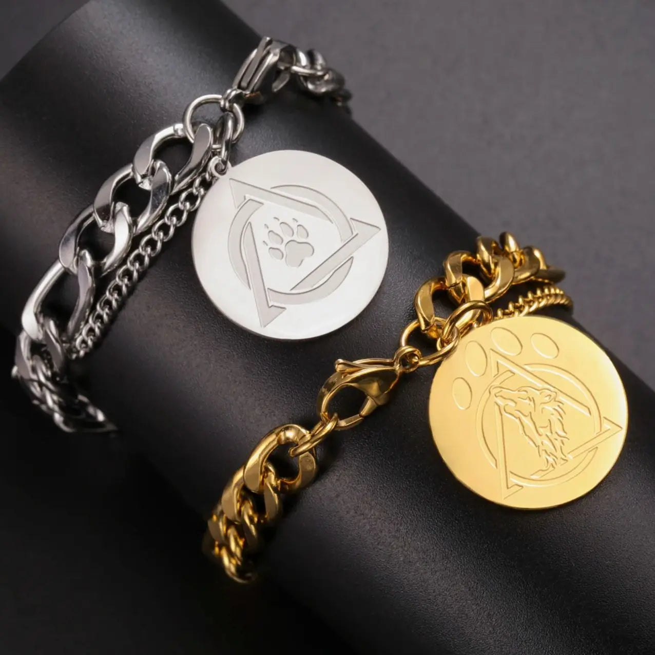 Layered Gold Figaro Chain Bracelet with Paw Print - Image 2