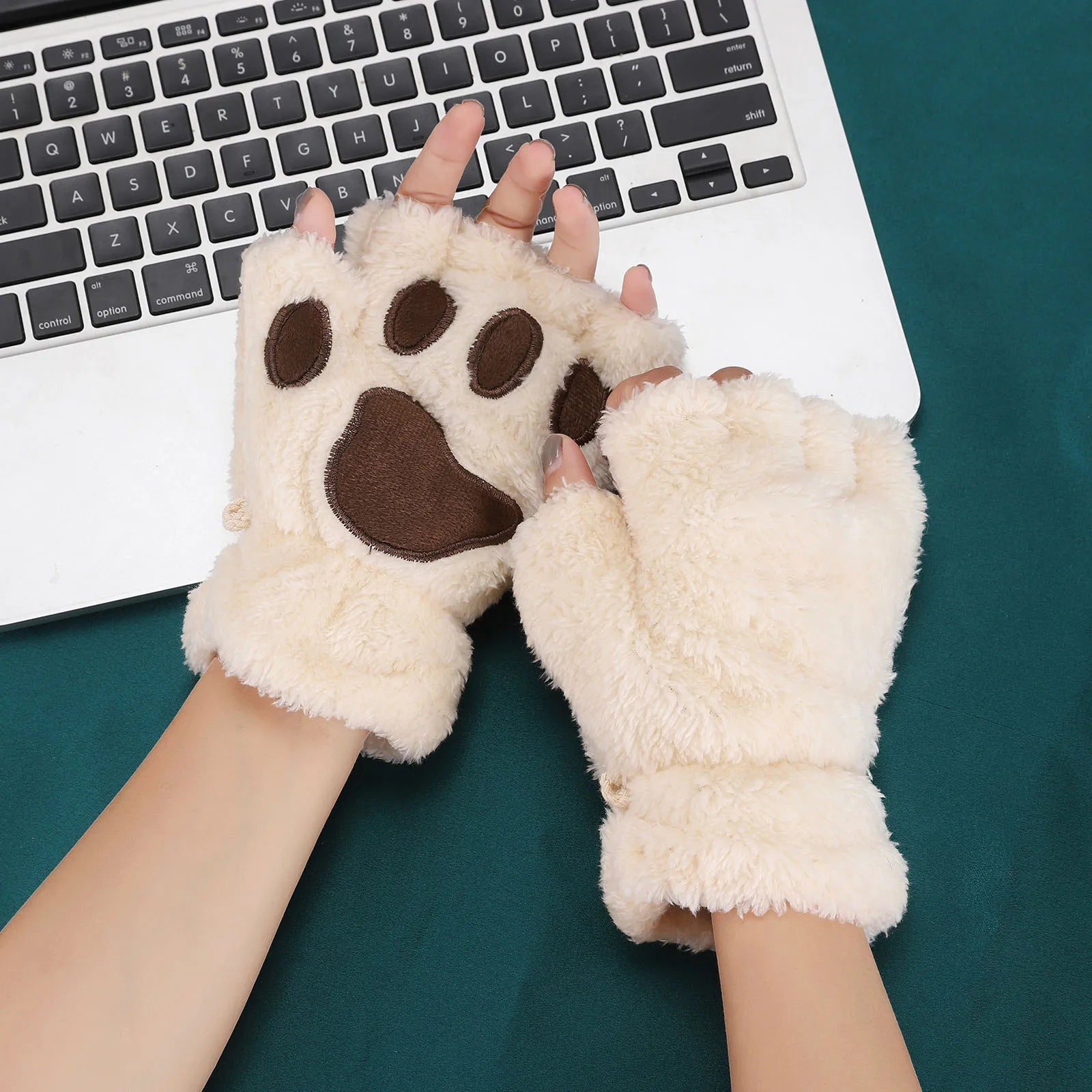 Cute Grey Faux Fur Paw Fingerless Gloves - Image 5