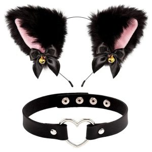 Black Faux Fur Cat Ears Headband with Bows & Heart Choker