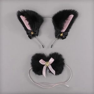 Black Faux Fur Cat Ears & Choker Set with Bells