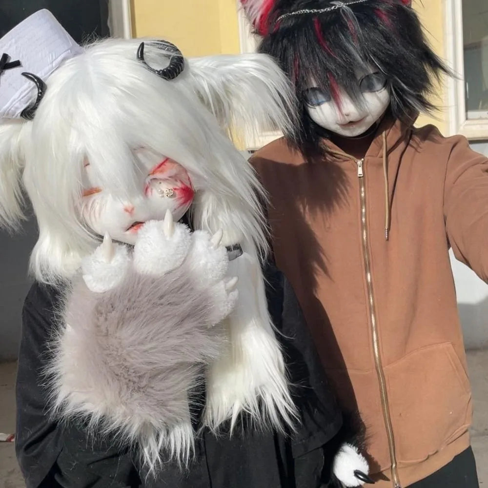 Furry White Claw Gloves with Pink Paw Pads - Image 4