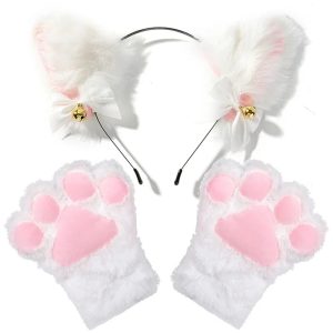 Fluffy White Cat Ears Headband with Bells and Paw Gloves
