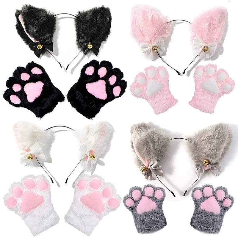 Cute Brown Cat Ear Headband & Paw Gloves Set with Bells - Image 4