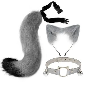 Gray Faux Fur Cat Cosplay Set with Tail and Ears