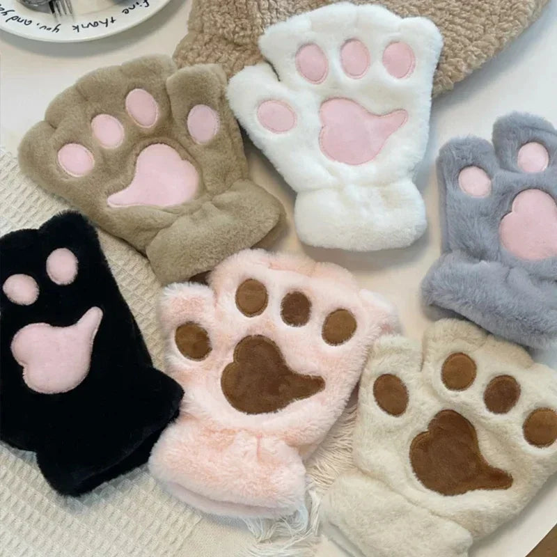 Brown Fluffy Paw Fingerless Mittens with Pink Pads - Image 2