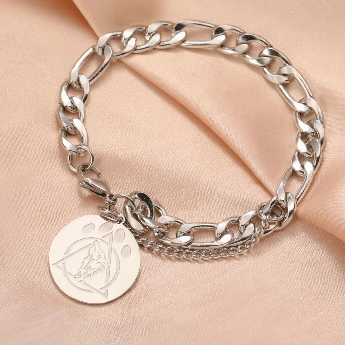 Silver Figaro Chain Bracelet with Engraved Wolf Charm - Image 3
