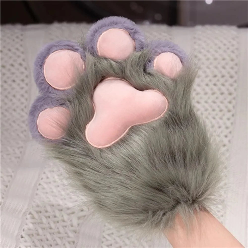 Plush Grey Faux Fur Cat Paw Mittens - Image 7