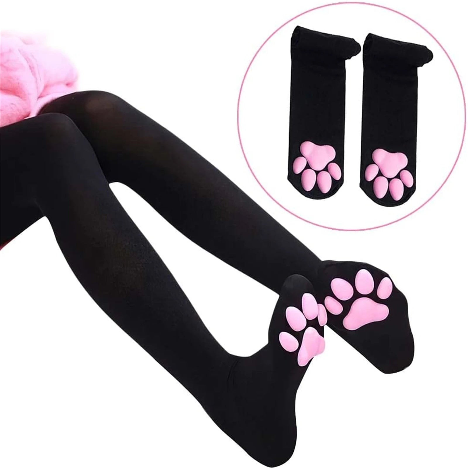 Kawaii Black Cat Paw Thigh-High Socks - Image 3