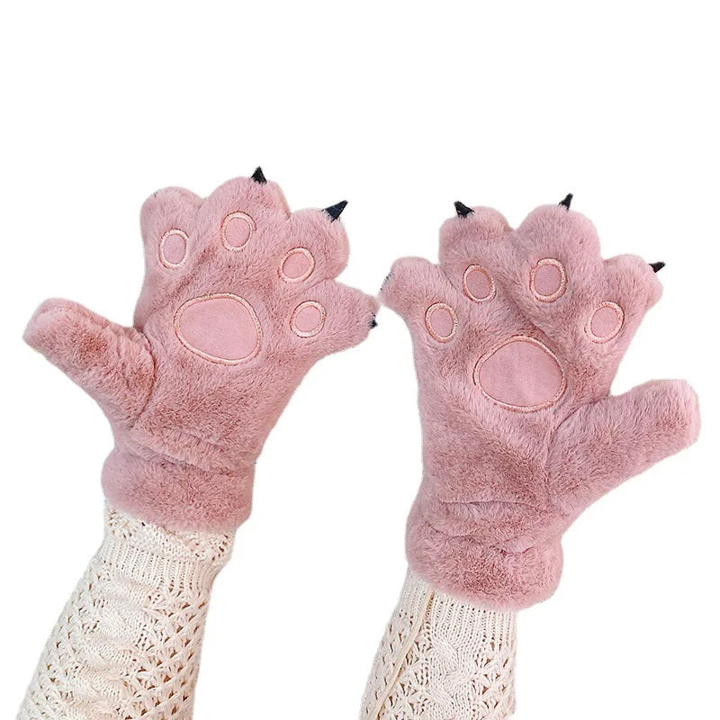 Fluffy Beige Paw Mittens with Black Claws - Image 4