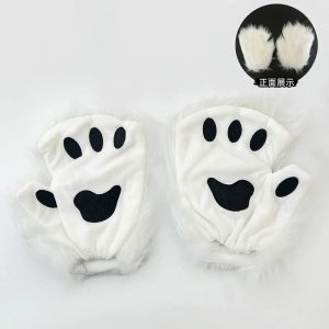 Soft White Furry Fingerless Paw Mittens