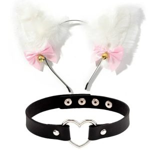 White Faux Fur Cat Ears Headband and Heart Choker Set