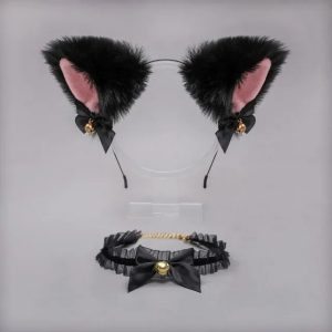Black Faux Fur Cat Ears Headband & Lace Choker Set