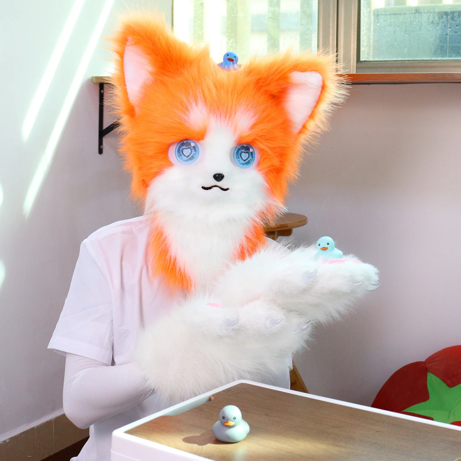 Cute Orange Furry Animal Head Keychain with Blue Eyes - Image 4